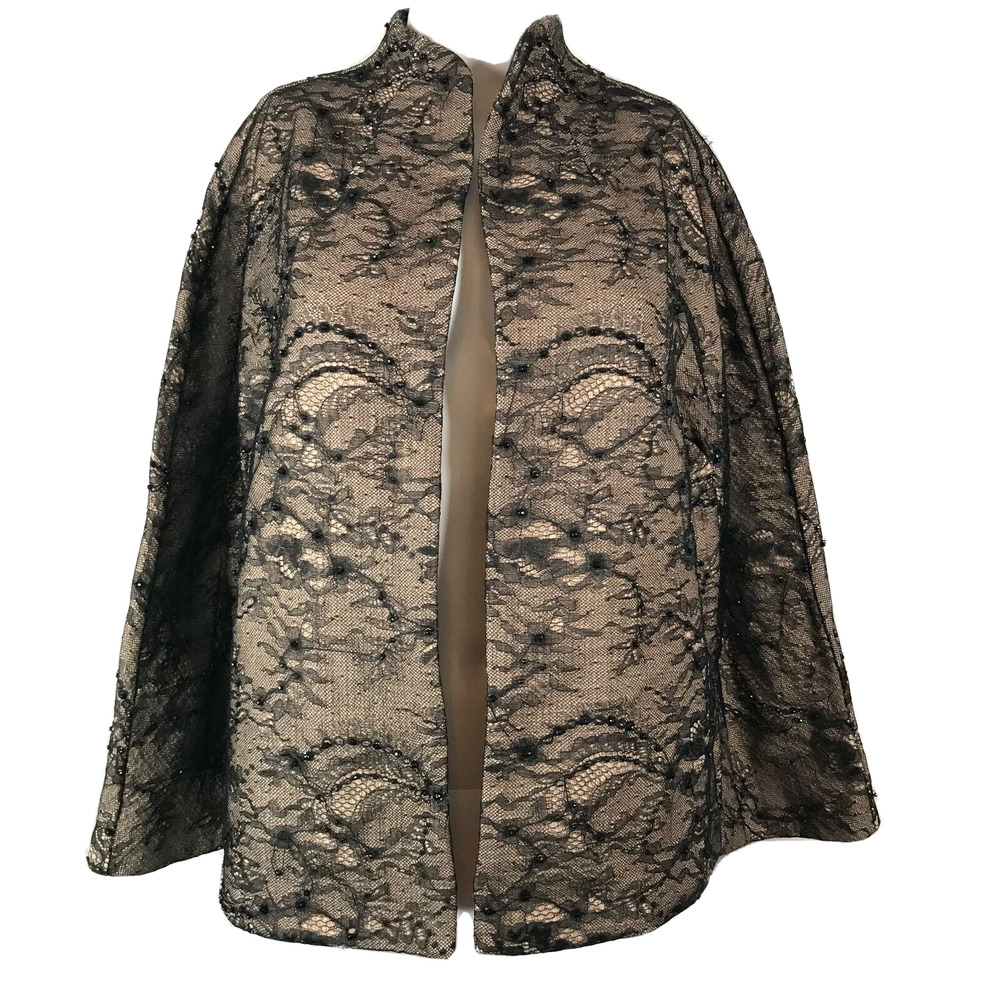 NWT Chicos Jacket Womens Sz 1 US M 8 Beige Black Lace Overlay Open Front Pockets